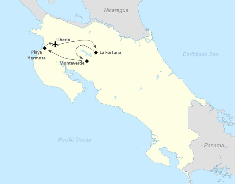 Map of itinerary from Liberia to La Fortuna, Monteverde and Playa Hermosa (Guanacaste)