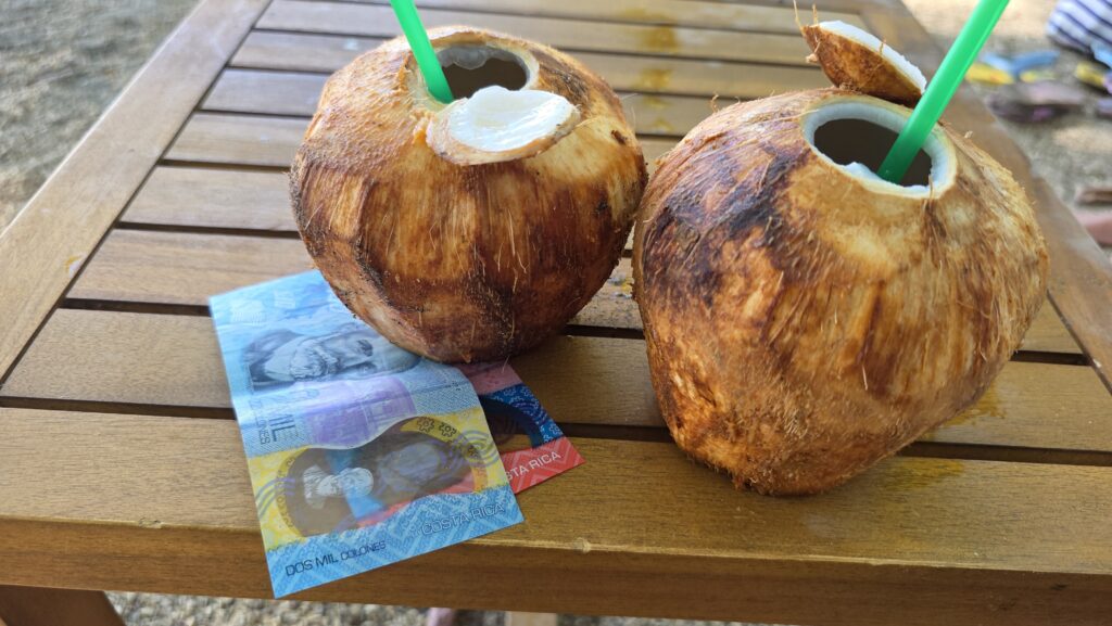 Costa Rica Travel Budget - Local currency under a coconut drink