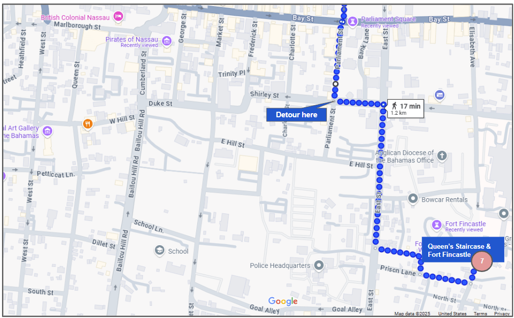 Map of walking tour of Nassau - optional visit to Queens Staircase