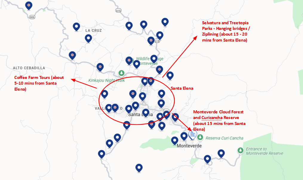 Map of the best areas to stay in Monteverde for walkability, restaurants, attractions and tour pick ups