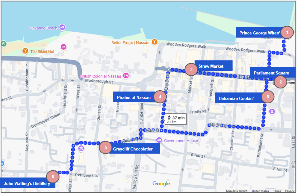 Map of all stops on this self-guided walking tour of Nassau