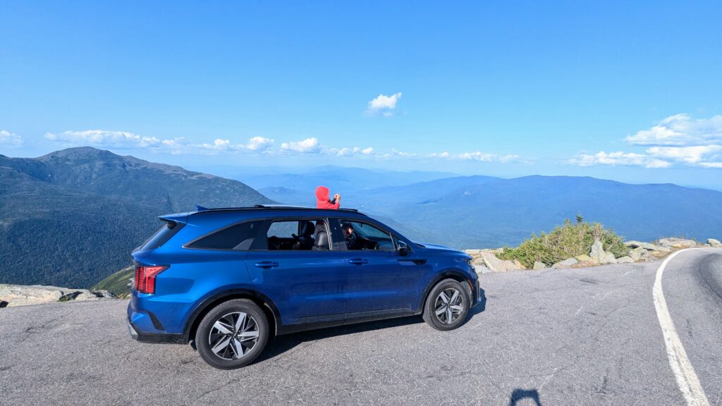 New Hampshire Road trip with kids - Car parked on drive to Mount Washington