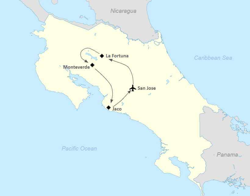 Map of Itinerary from San Jose to La Fortuna, Monteverde and Jaco in one week