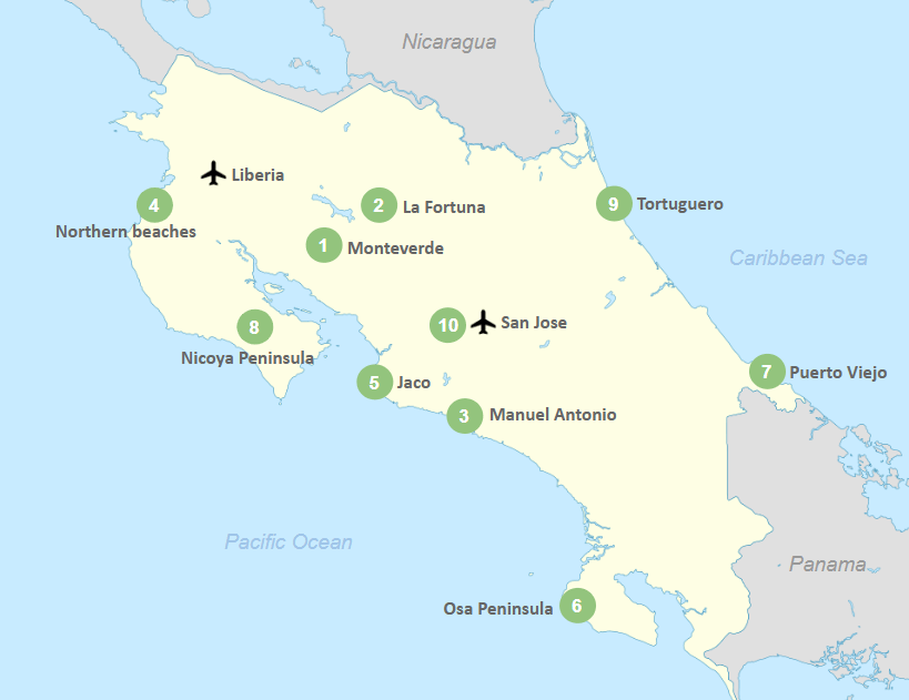Map of all Places to go in Costa Rica - Ranked